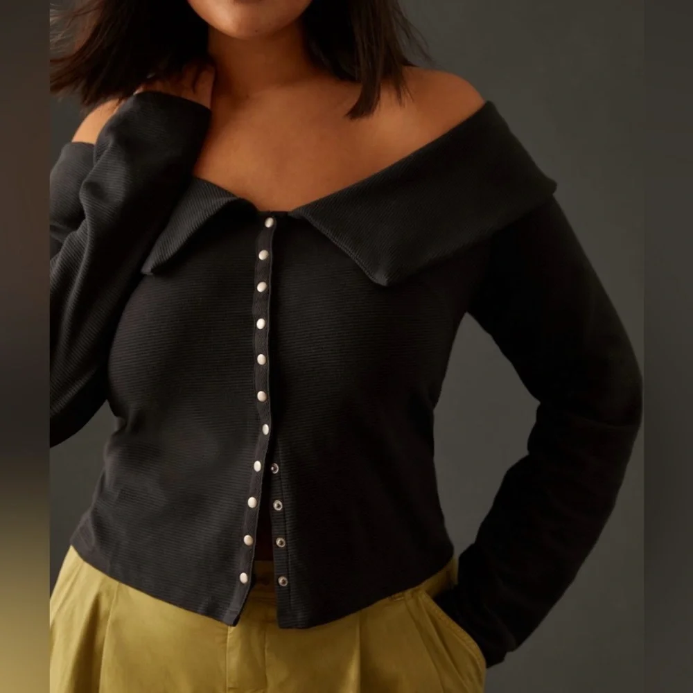 NWT Maeve Anthropologie Ribbed Off Shoulder Snap Button cardigan top w/ collar L - Picture 2 of 10